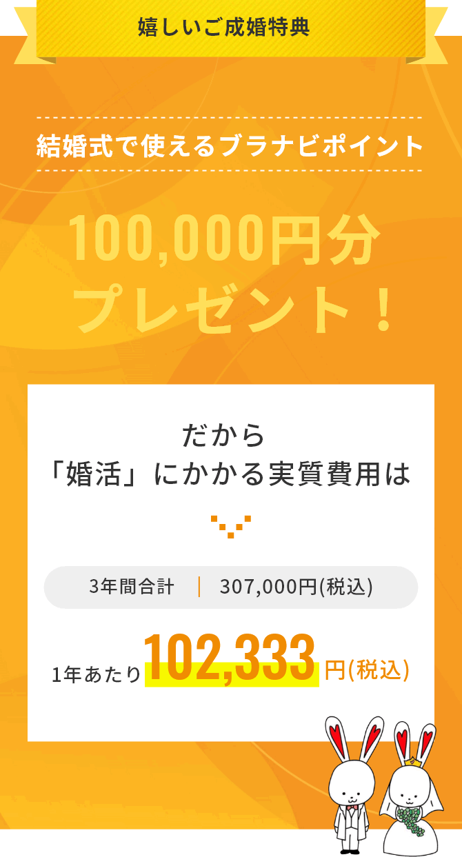 嬉しいご成婚特典 結婚式でつけるブラナビポイント 100,000円分プレゼント！